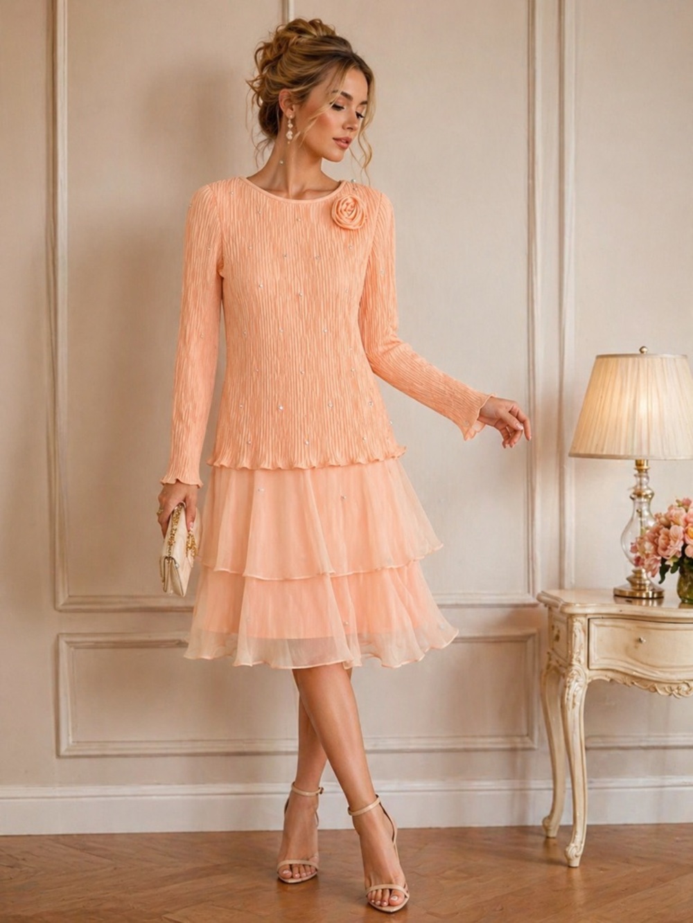 VTG After Dark Peach Beaded Dress Pleated Stretch Layered Midi USA S/M